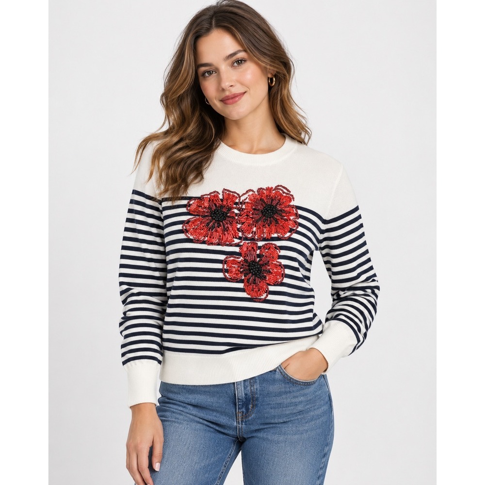 Brooks Brothers Supima Cotton Striped Floral Raffia Appliqué Sweater Size L